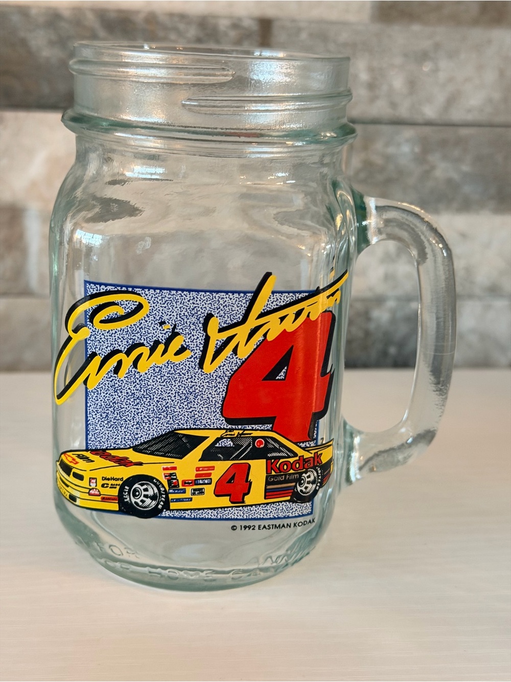 Vintage 1992 Ernie Irvan Kodak No 4 NASCAR Glass Mason Jar Mug Corporate Image